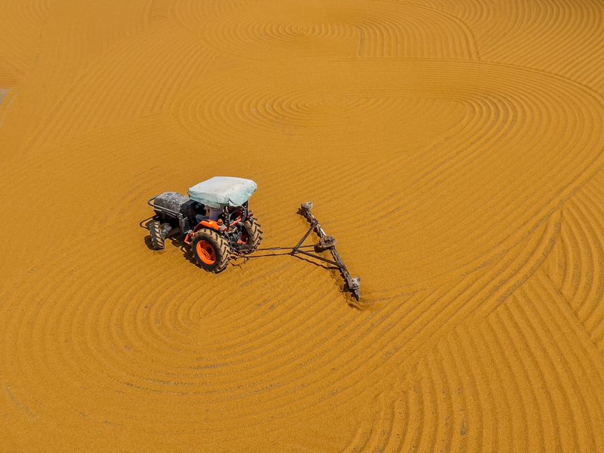 An aerial view of a tractor equipped with a sprayer attachment, situated on a large expanse of freshly tilled, golden-brown soil. The tractor has a white protective cover over the engine area and orange wheels, with hoses and spraying equipment extending from the back. The soil shows evenly spaced, curved ridges created by agricultural machinery, indicating recent cultivation. The environment is outdoor with ample natural light, and the scene conveys active land preparation, which is unrelated to house removals or moving services. The image emphasizes large-scale farming activity on open land, highlighting agricultural machinery in operation.